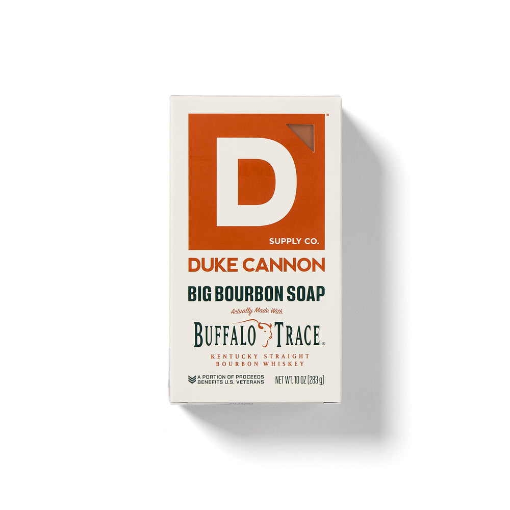 Duke Cannon Bourbon soap bar close-up emphasizing warm, earthy fragrance and smooth skin care