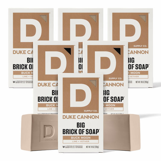 Duke Cannon Buck Moon six-pack display of bar soaps.