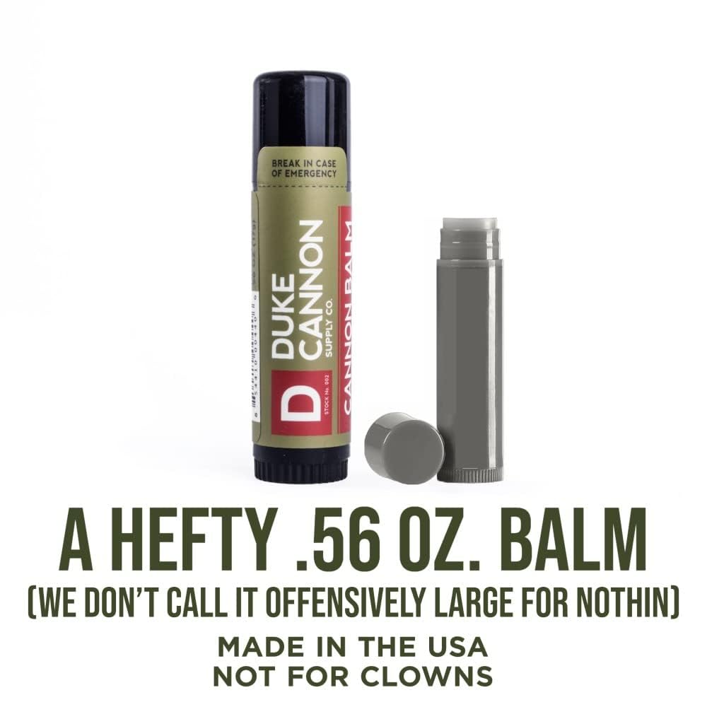 Duke Cannon Lip Balm 140deg SPF30 Blood Orange Mint label close-up for hydration
