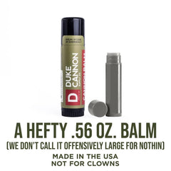 Duke Cannon Lip Balm 140deg SPF30 Blood Orange Mint label close-up for hydration