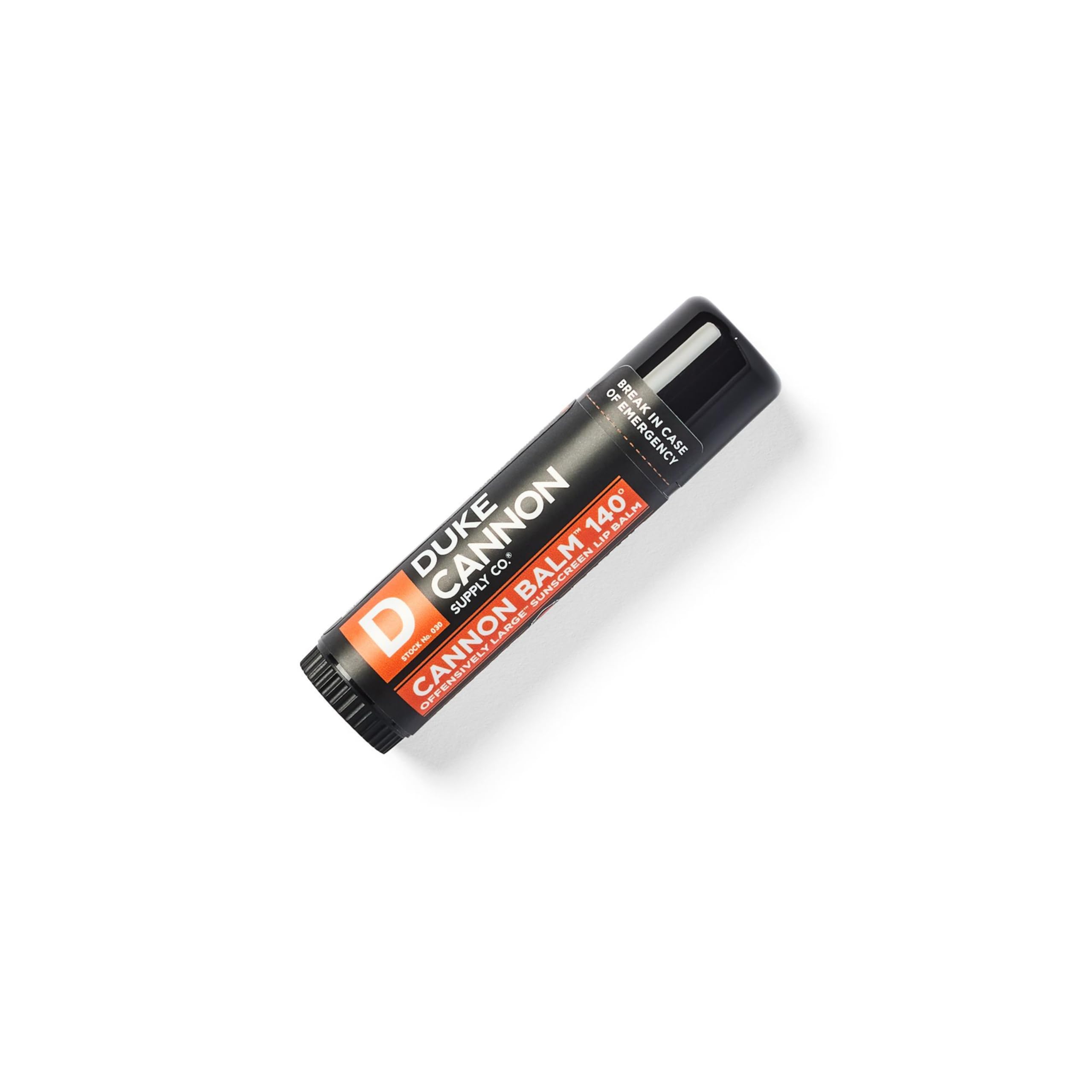 Duke Cannon Lip Balm SPF 30 tube highlights strong UV protection for sunny adventures.