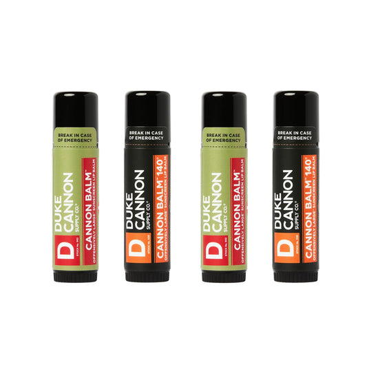Duke Cannon Cannon Lip Balm Tactical Bundle Box shows rugged packaging for travel and outdoor use.