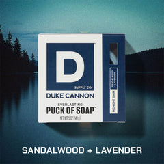 Duke Cannon Everlasting Puck 5oz soap delivers dense, lasting lather.