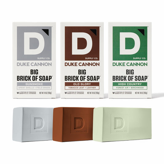Duke Cannon Frontier 30 variety pack soaps showcase three large bars for rugged daily cleansing.