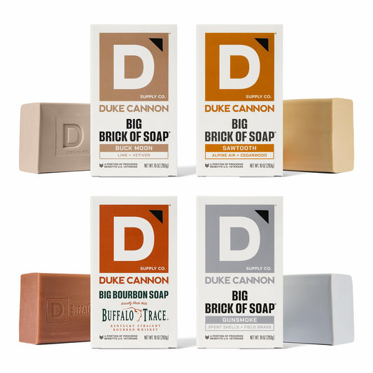 Duke Cannon Gun Smoke soap bar close-up highlighting rugged scent and cleansing action