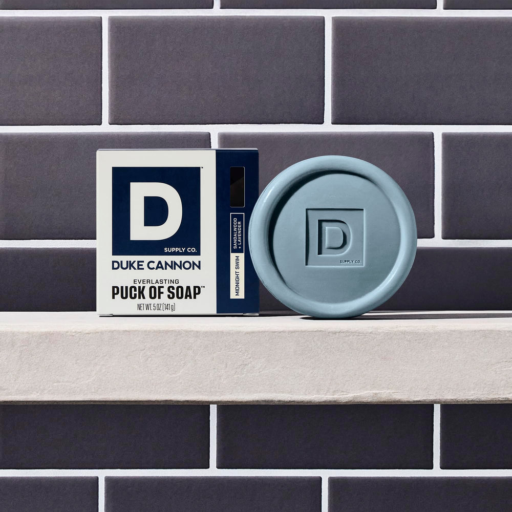 Hand-friendly puck shape helps secure a rich lather in shower or sink.