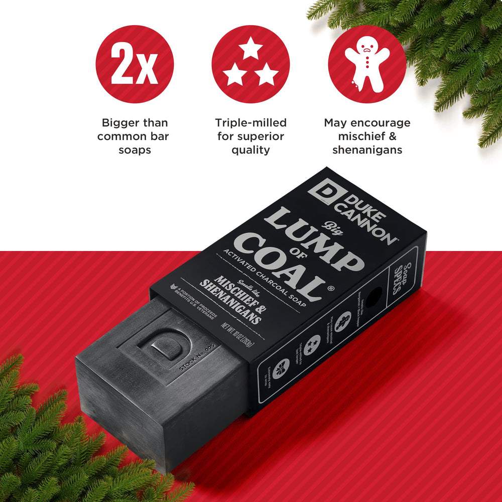Duke Cannon Lump of Coal scent brick featuring bergamot and black pepper.
