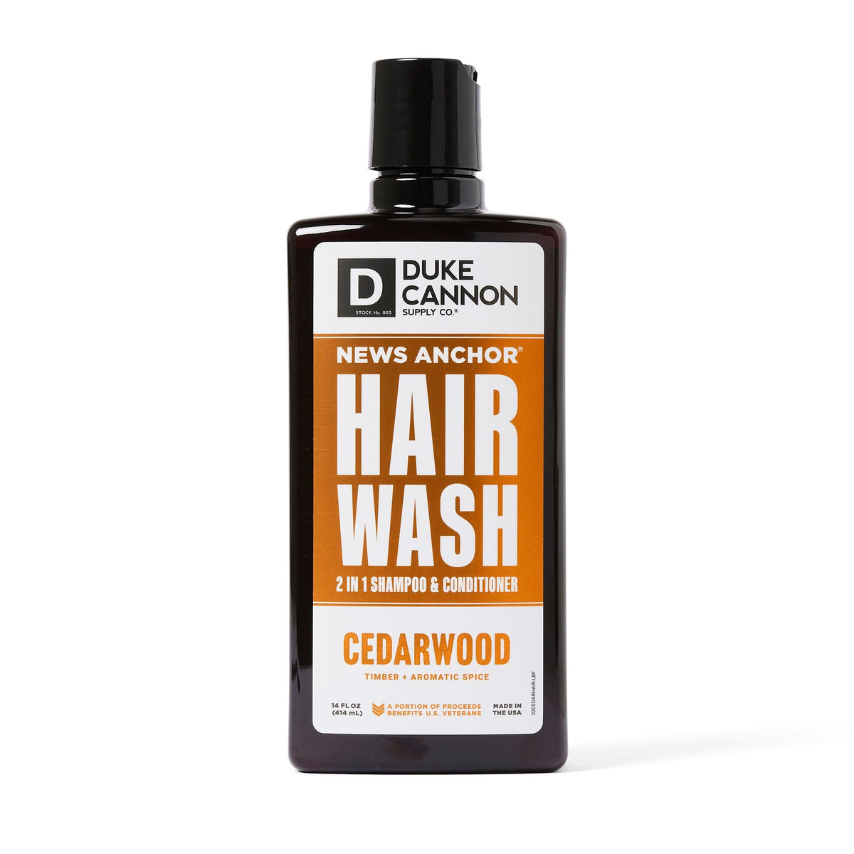 Duke Cannon News Anchor 2-in-1 Hair Wash bottle close-up for convenient cleansing and cedarwood scent.