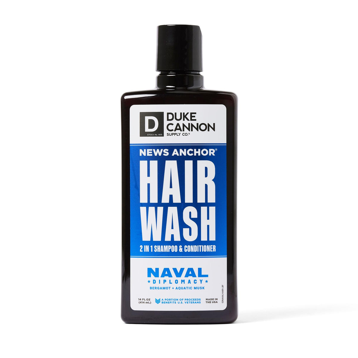Duke Cannon News Anchor 2-in-1 hair wash bottle for efficient cleansing and conditioning.