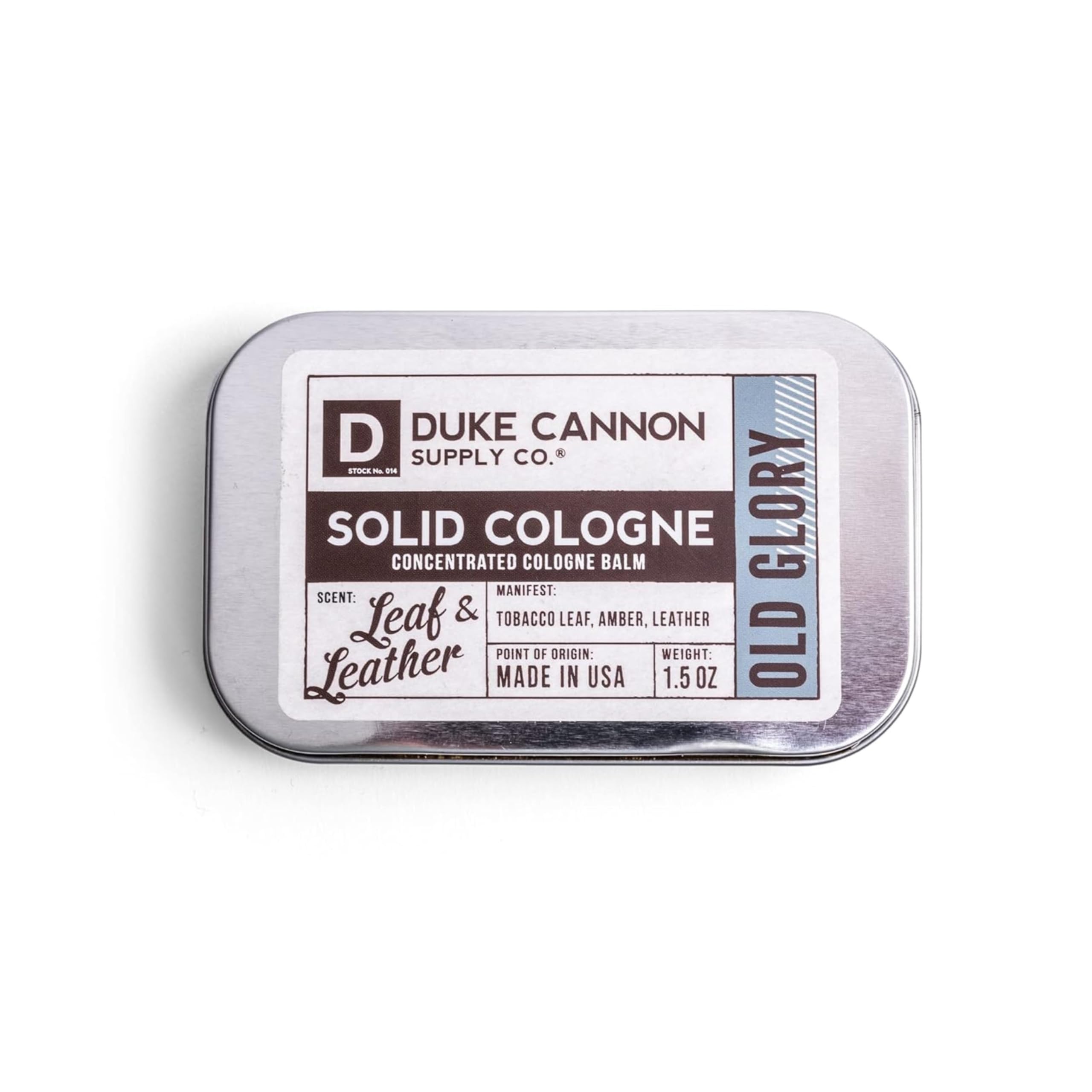 Duke Cannon Old Glory solid cologne tin front, portable fragrance for on-the-go refreshment.
