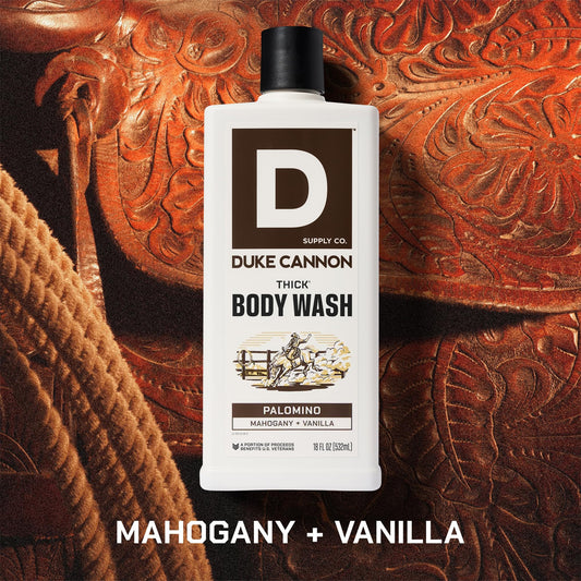 Three-pack bottles of Duke Cannon Palomino body wash displayed for extended use.