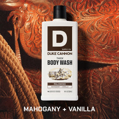 Three-pack bottles of Duke Cannon Palomino body wash displayed for extended use.