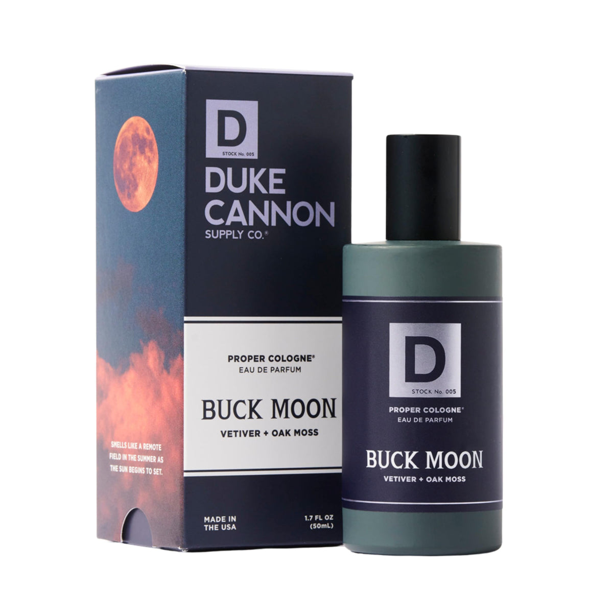 Duke Cannon Buck Moon bottle in apothecary glass for everyday wear.
