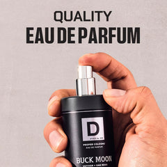 Buck Moon glass bottle reflection conveys a premium feel.