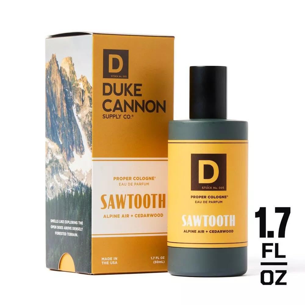 Duke Cannon Proper Cologne Sawtooth label detail highlighting natural oils.