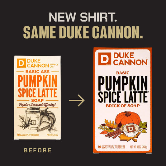 Duke Cannon Pumpkin Spice Latte bar soap 3-pack label closeup highlights bold fall scent for daily grooming