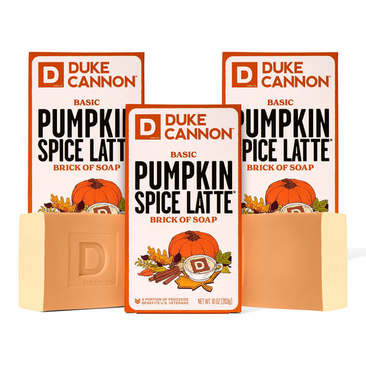Duke Cannon Pumpkin Spice Latte bar soap 3-pack packshot shows rugged seasonal bars for a refreshing cleanse