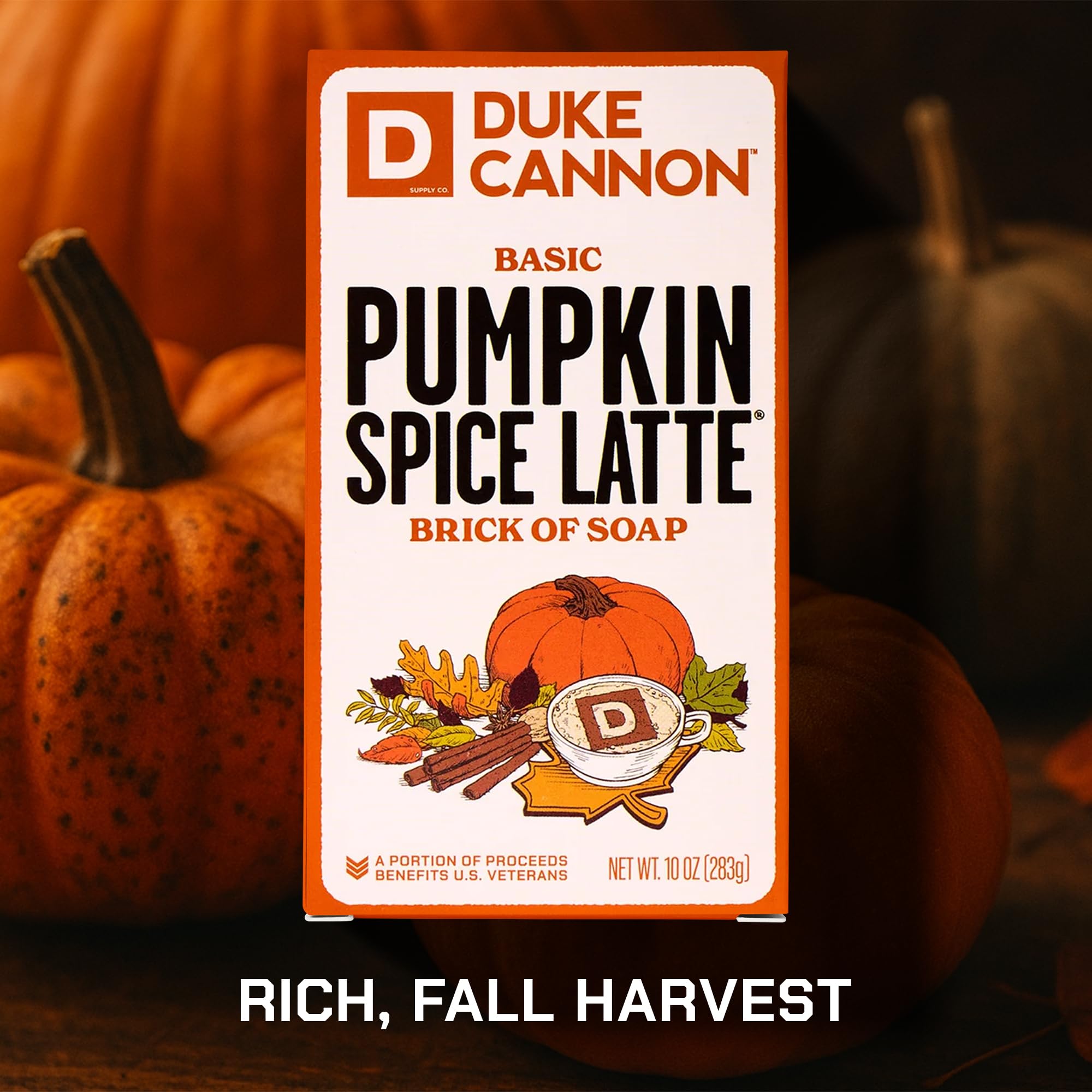Duke Cannon Pumpkin Spice Latte soap highlights its 10 oz size for longevity.