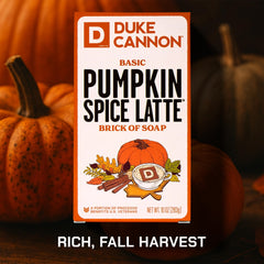 Duke Cannon Pumpkin Spice Latte soap highlights its 10 oz size for longevity.