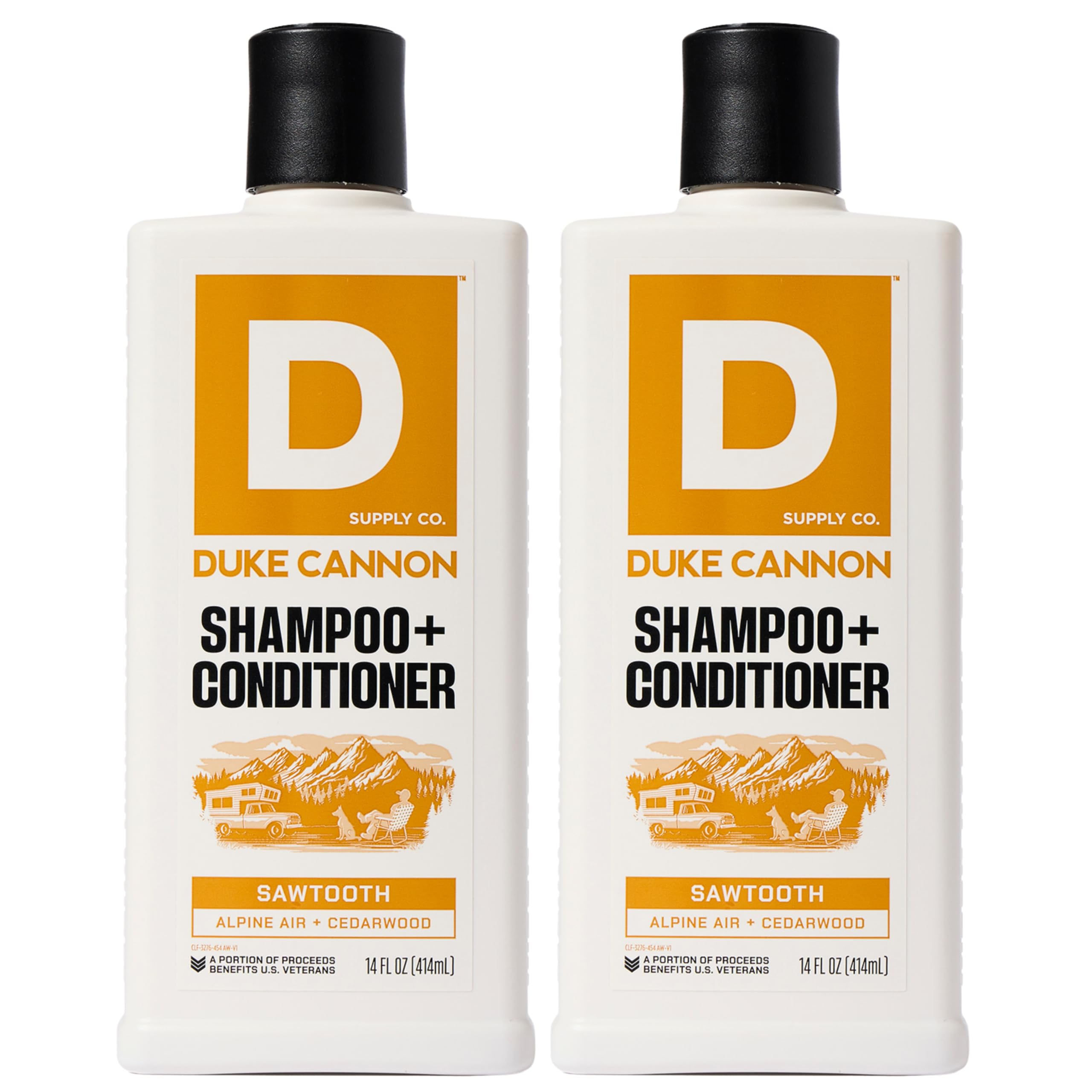 Duke Cannon Sawtooth 2-in-1 hair wash bottle highlights rugged packaging for daily cleansing