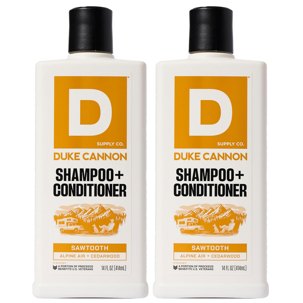 Duke Cannon Sawtooth 2-in-1 hair wash bottle highlights rugged packaging for daily cleansing