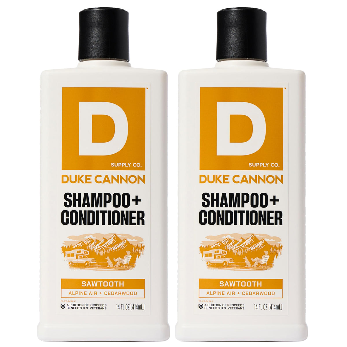 Duke Cannon Sawtooth 2-in-1 hair wash bottle highlights rugged packaging for daily cleansing