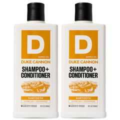 Duke Cannon Sawtooth 2-in-1 hair wash bottle highlights rugged packaging for daily cleansing