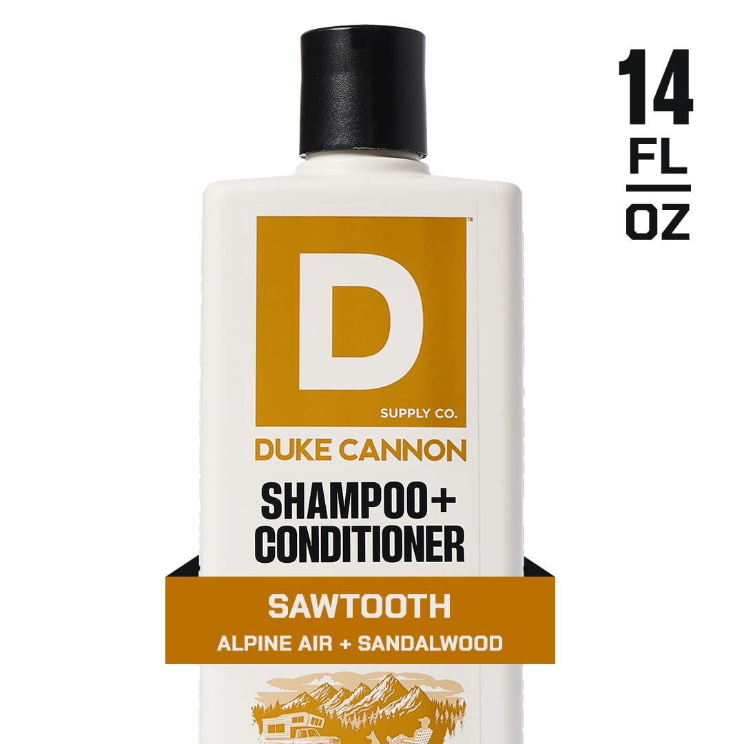 Duke Cannon Sawtooth 2-in-1 hair wash label close-up reveals sturdy branding and scent cues