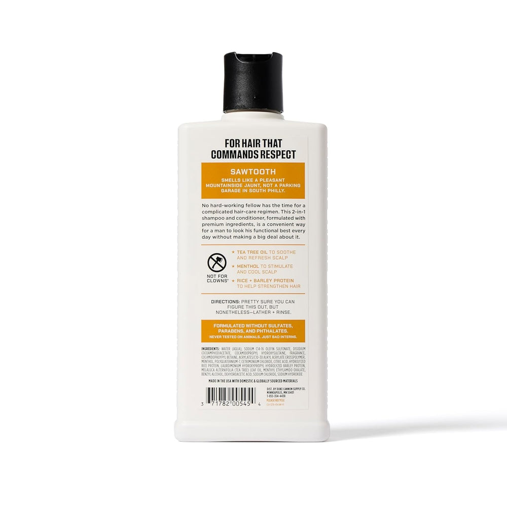 Duke Cannon Sawtooth 2-in-1 hair wash use steps illustrate routine