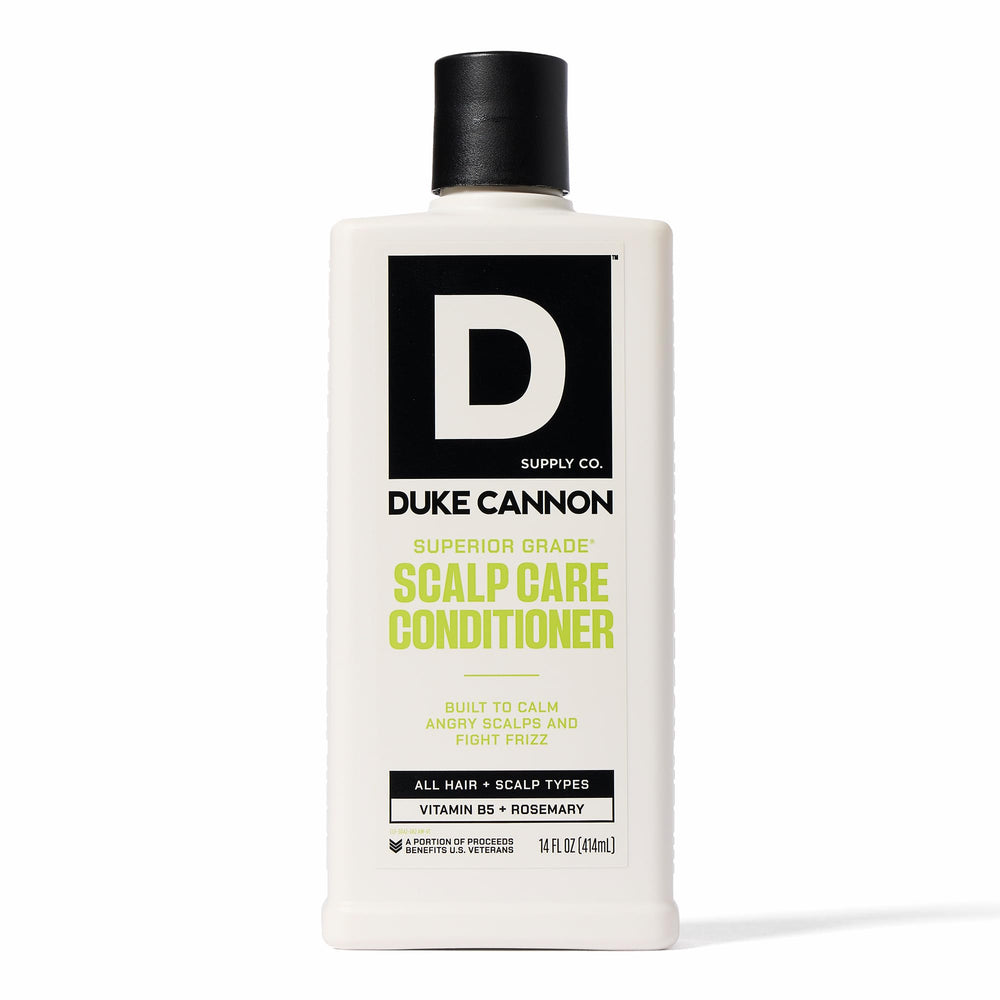 Duke Cannon scalp care conditioner bottle close-up showing lightweight hydration