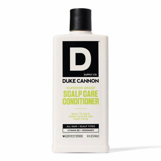 Duke Cannon scalp care conditioner bottle close-up showing lightweight hydration