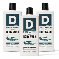 Duke Cannon Seawolf bottle front shows rugged packaging for daily showers.