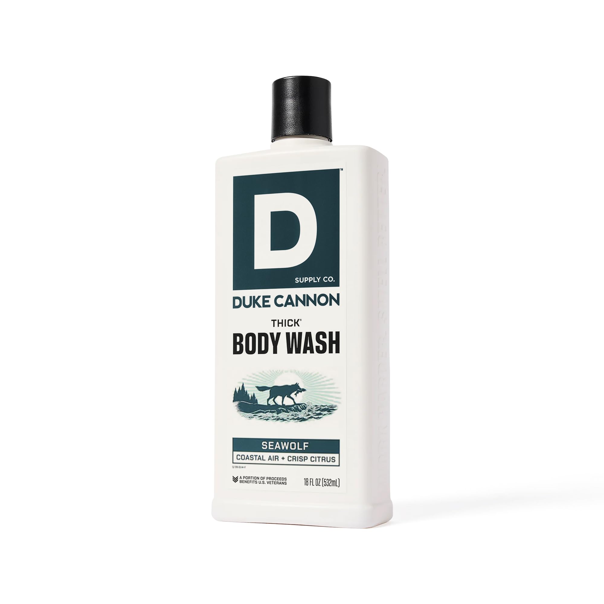 Duke Cannon Seawolf label close-up highlights bold branding and scent notes.