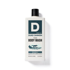 Duke Cannon Seawolf shower shelf scene evokes marine freshness.