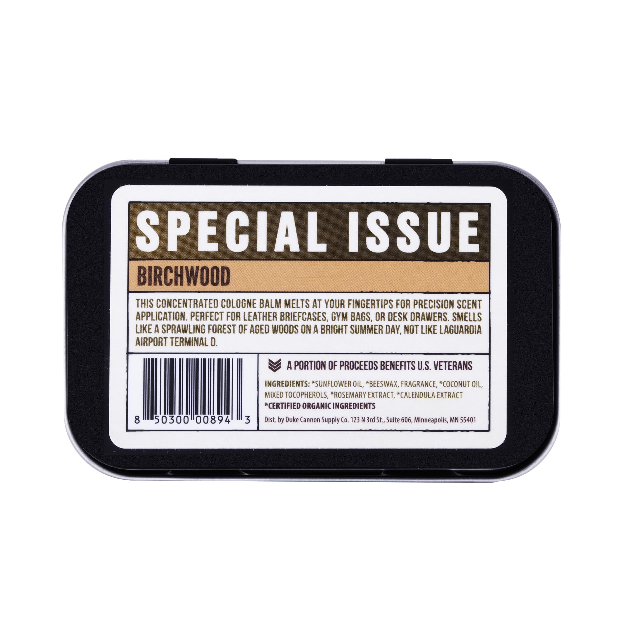 Duke Cannon Birchwood solid cologne tin front view; compact travel fragrance.