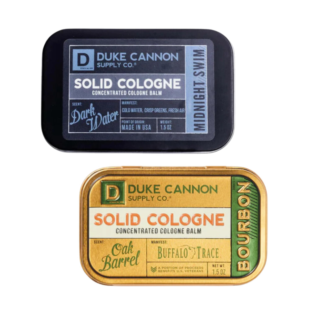 Duke Cannon Bourbon solid cologne bottle with woodsy notes for on-the-go scent touch-ups.