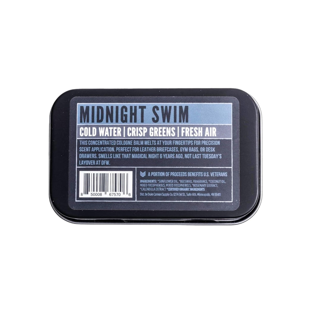 Duke Cannon Midnight Swim 2-pack travel-friendly tin highlighting compact fragrance format.