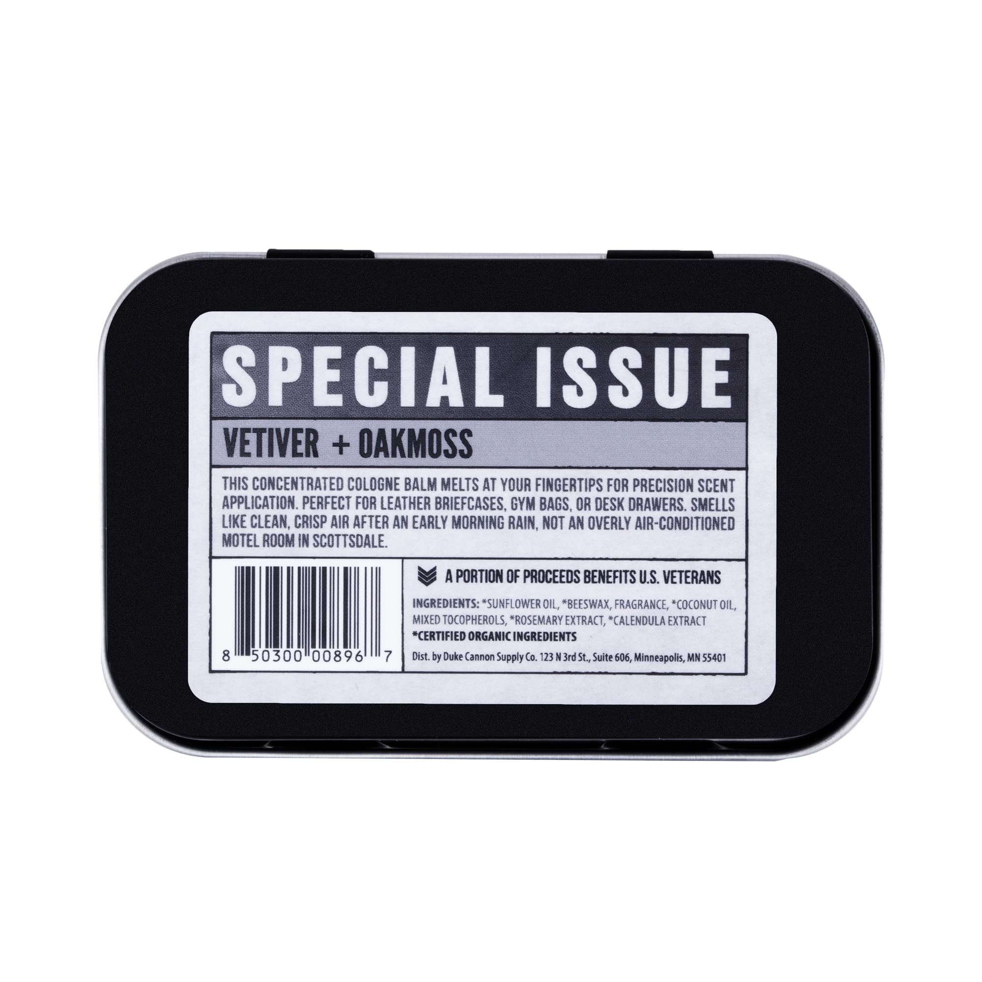 Duke Cannon solid cologne travel tin packaging for daily use on the go.