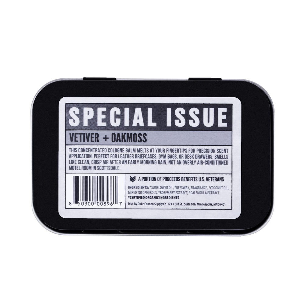 Duke Cannon solid cologne travel tin packaging for daily use on the go.