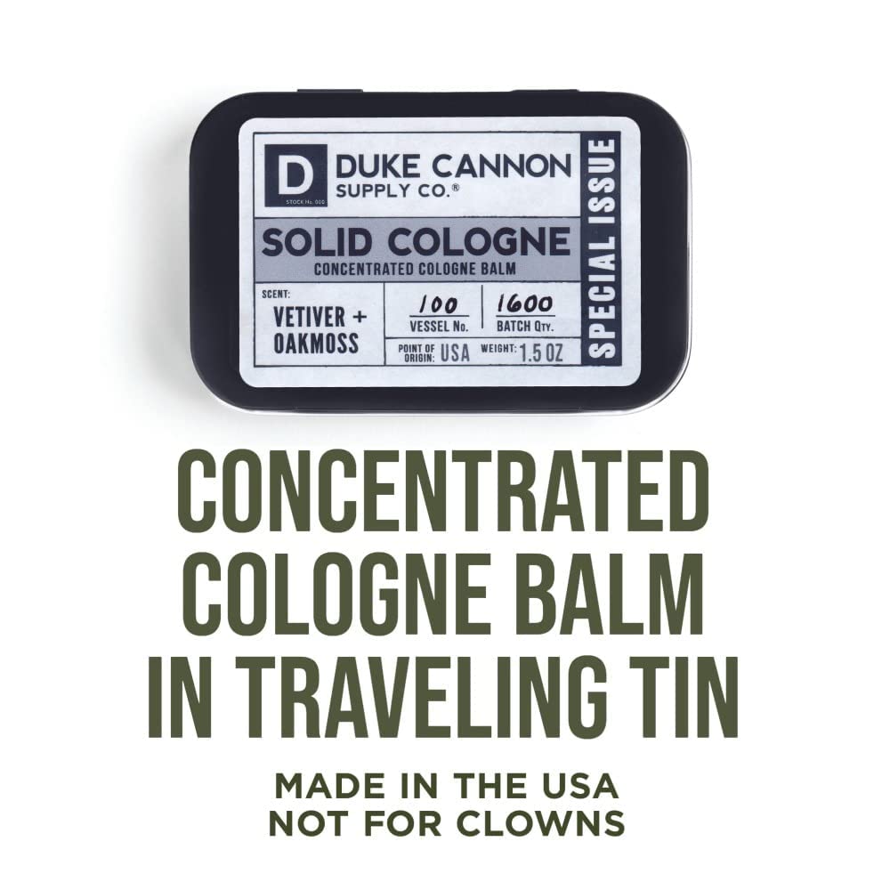 Duke Cannon Vetiver-Oakmoss scent profile on solid cologne for refined aroma.