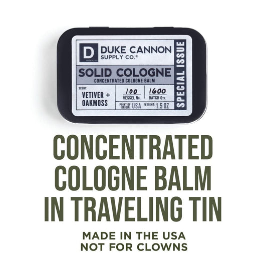 Duke Cannon Vetiver-Oakmoss scent profile on solid cologne for refined aroma.