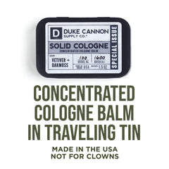 Duke Cannon Vetiver-Oakmoss scent profile on solid cologne for refined aroma.