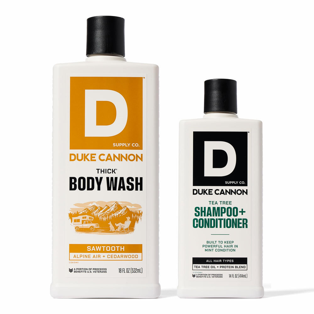 Duke Cannon Tea Tree Hair Wash bottle showcases refreshing cleanse and masculine scent