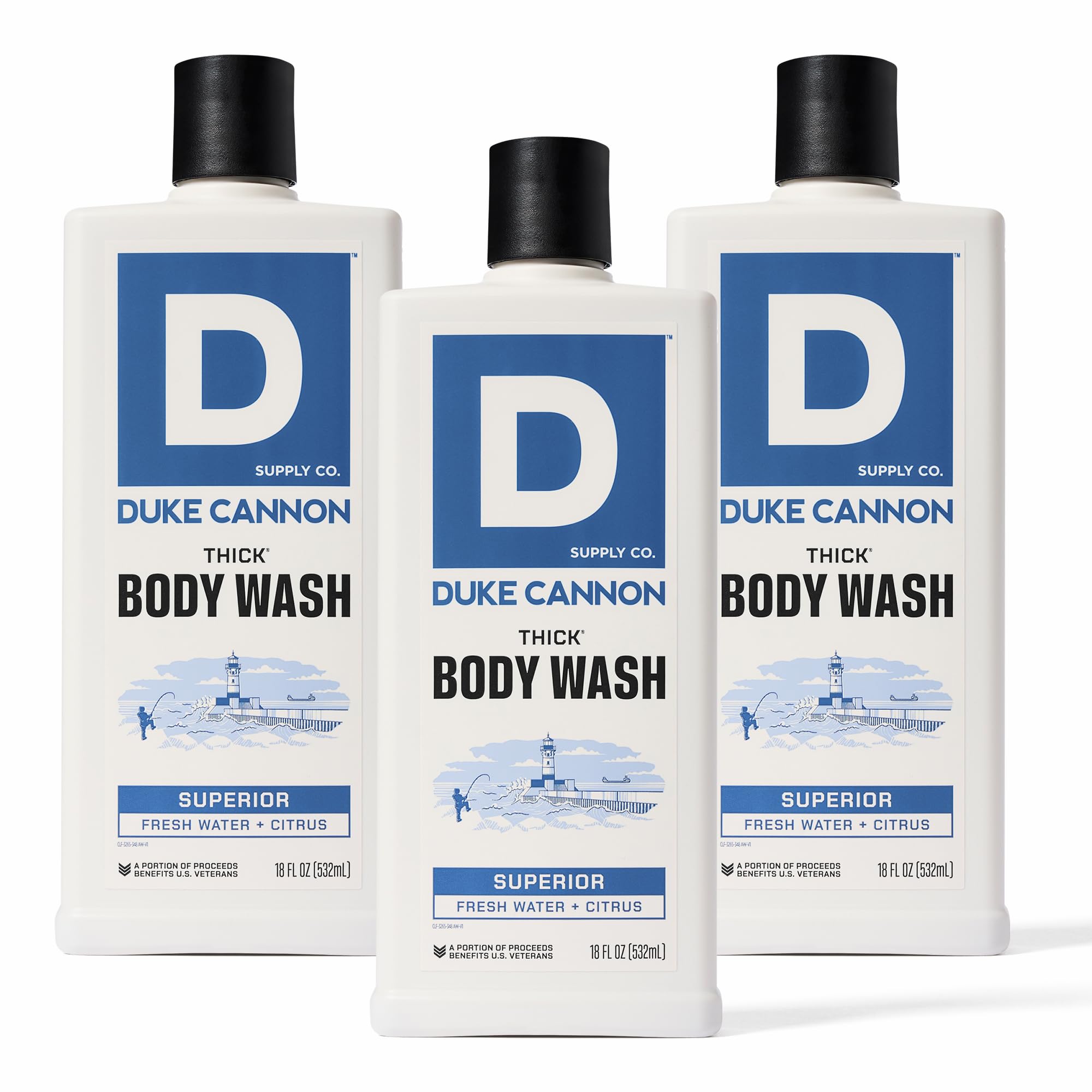 Duke Cannon Thick Body Wash bottle front shows premium design for daily refresh.