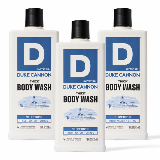 Duke Cannon Thick Body Wash bottle front shows premium design for daily refresh.