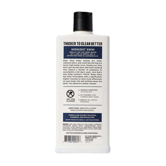 Duke Cannon THICK Midnight Swim bottle with crisp aquatic notes for an energized cleanse.