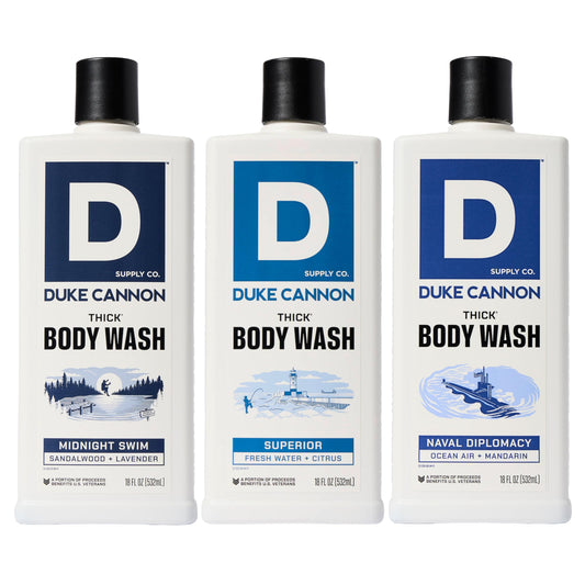 Duke Cannon THICK Naval Diplomacy bottle with clean-water scent for a refreshing wash.