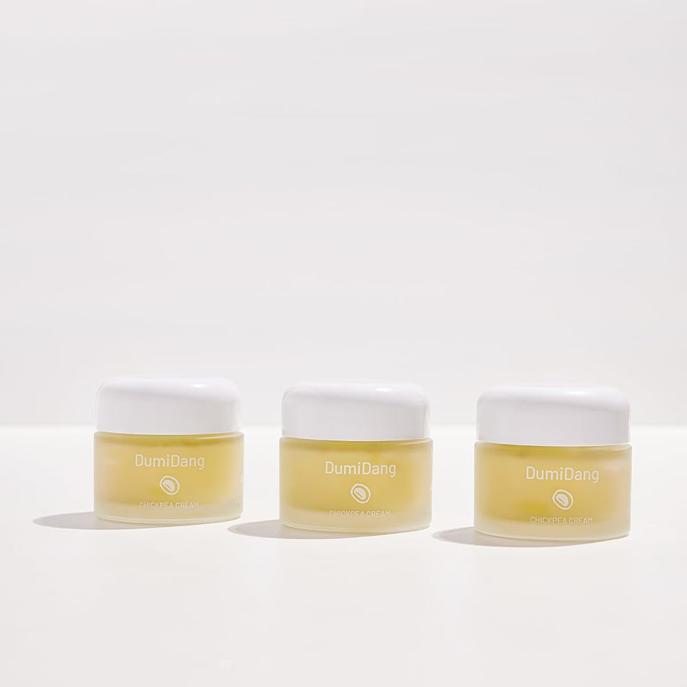 DumiDang Chickpea Cream on vanity shelf for daily hydration routine.