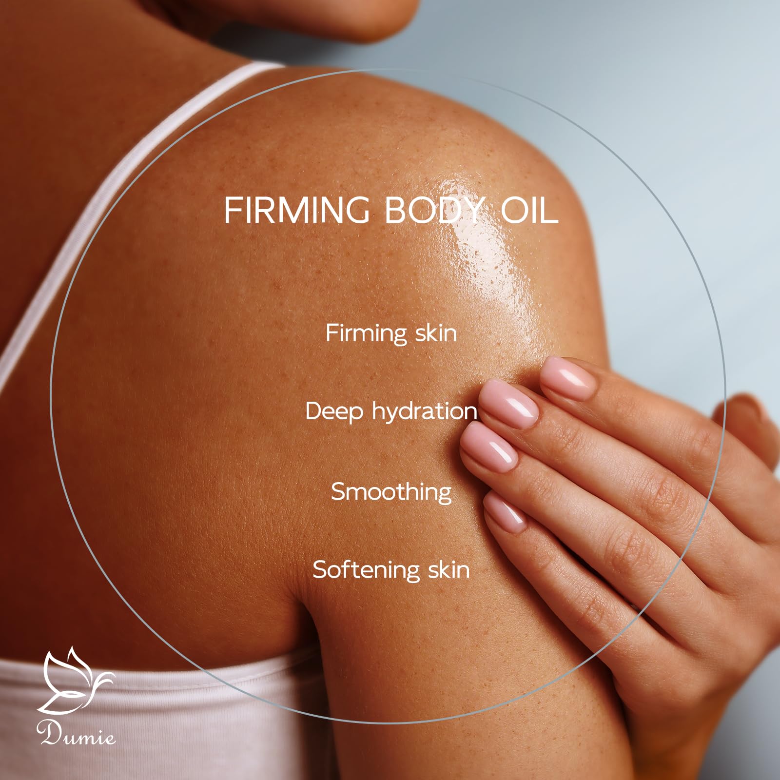 Dumie Body Firming Oil applying to arm demonstrates quick absorption and smooth skin