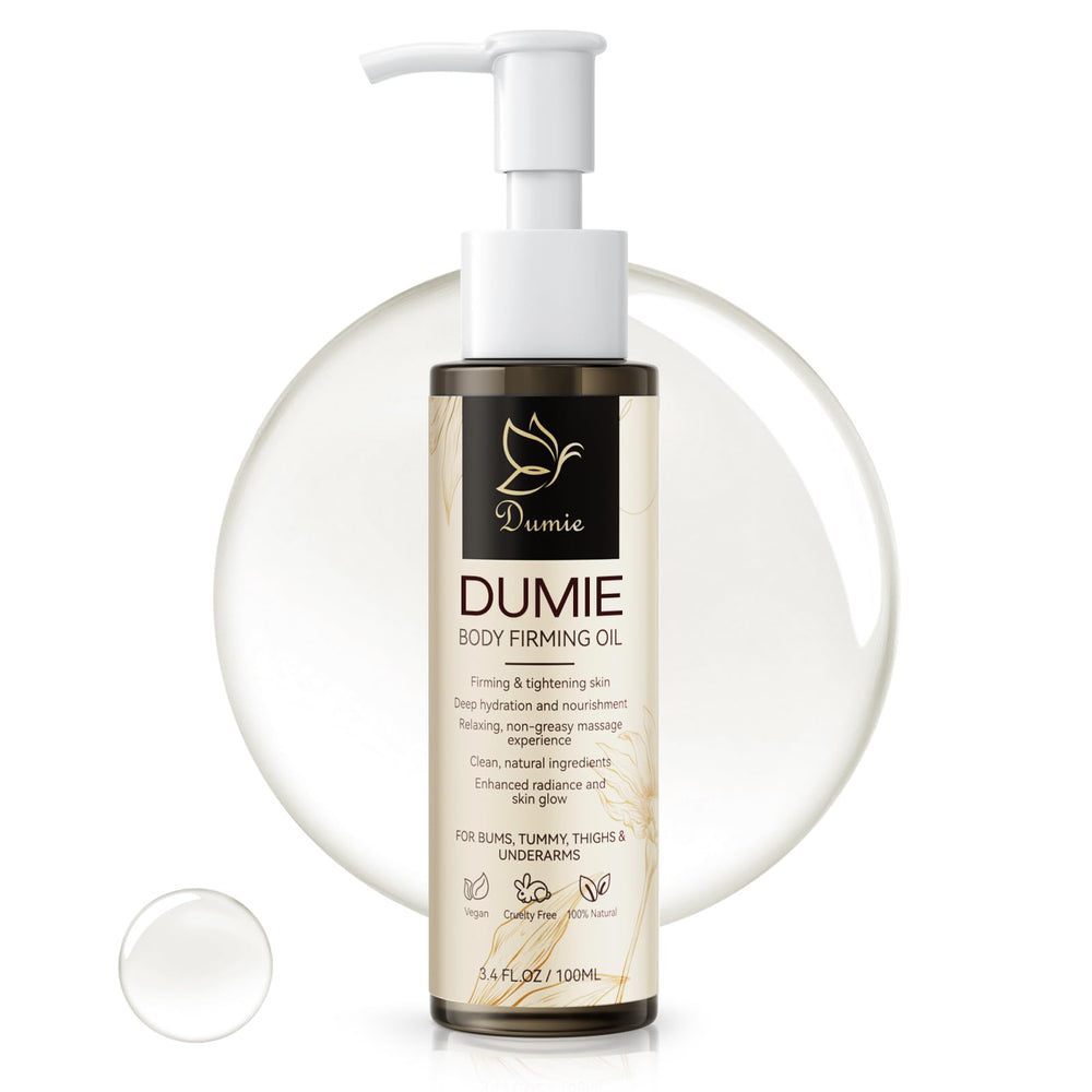 Dumie Body Firming Oil bottle on counter showing premium hydration potential